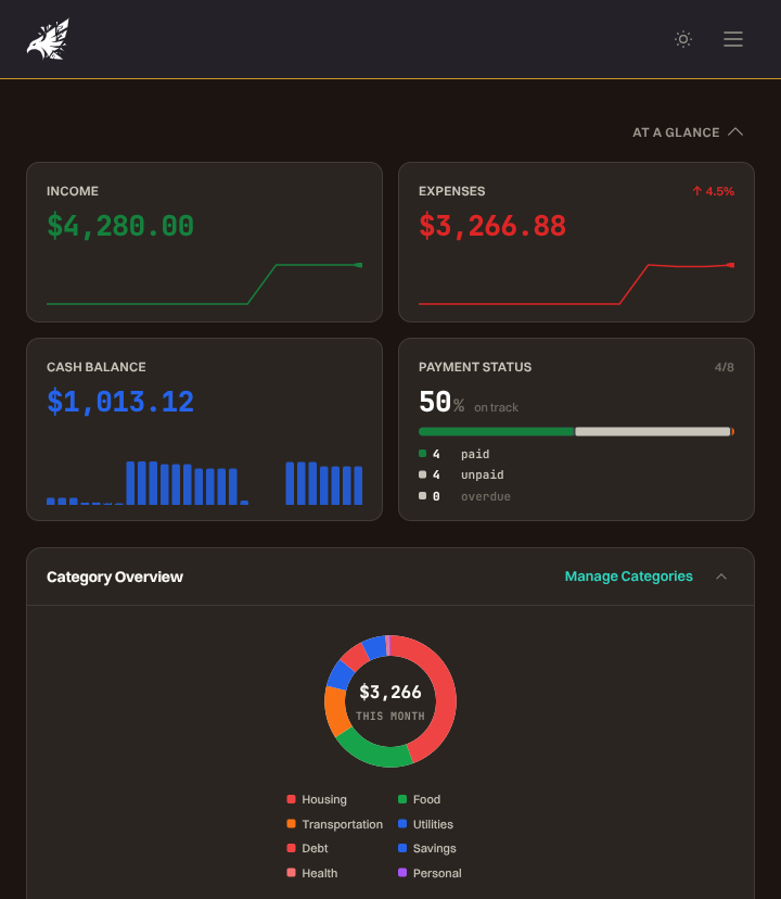 Maverick dashboard in dark mode showing income, expenses, cash balance, and payment status for the current month