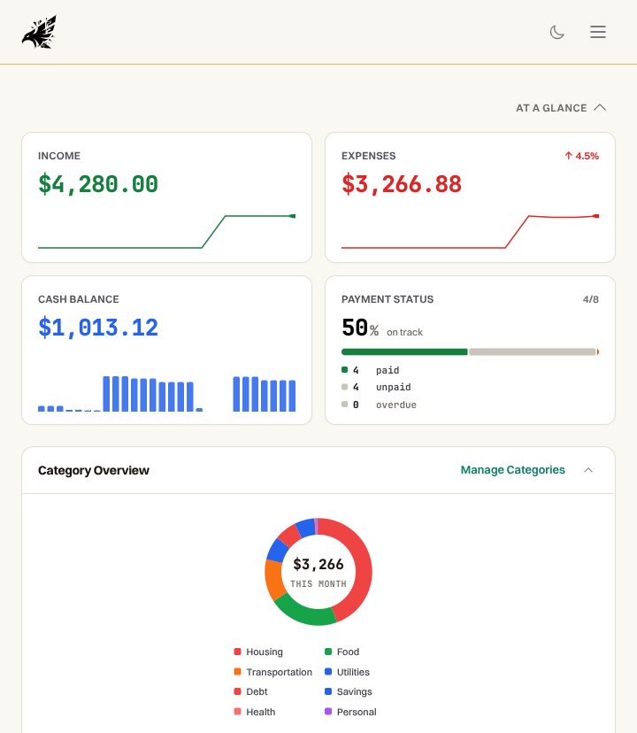 Maverick dashboard showing income, expenses, cash balance, and payment status for the current month